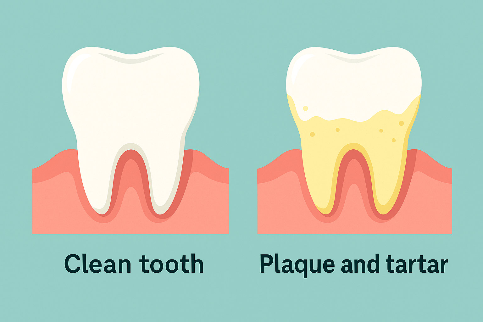Comparison of a healthy tooth and gum versus a tooth affected by plaque and gum inflammation