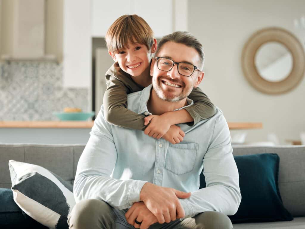 Sofa,,Son,And,Hugging,Father,In,Portrait,,Peace,And,Single